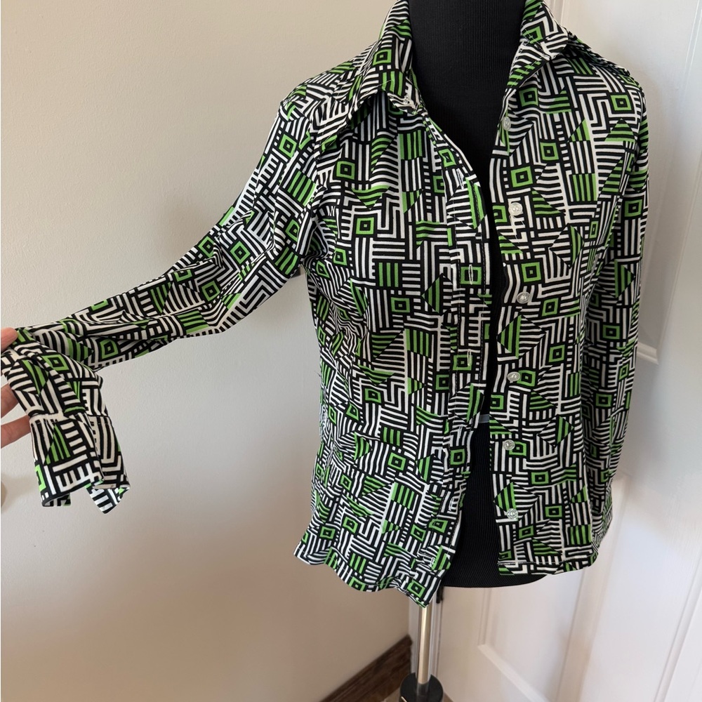 Vintage Dayne Taylor brand shirt black, white and green long sleeves M 100% poly